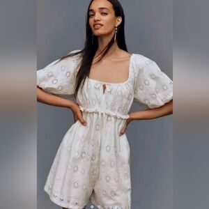 NWT Anthropoligie  Pilcro Cream ivory Eyelet Puff Sleeve Romper Size S
